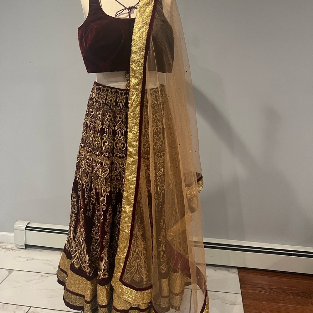 Elegant Maroon and Gold Embroidered Skirt Set